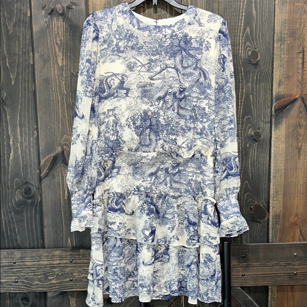 moodie White and Blue Toile Ruffled Mini Dress
